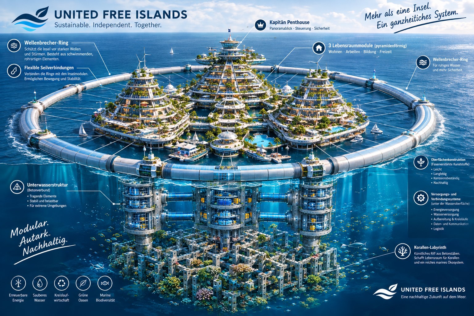 Darstellung einer modularen schwimmenden Plattform